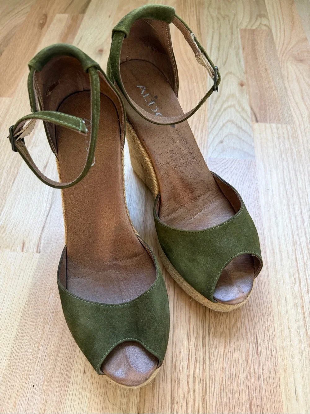 Aldo Olive Green Suede Espadrille Wedge Sandals with Ankle Strap